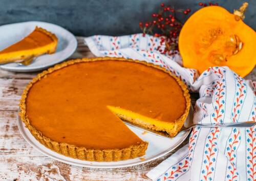 Selbstgemachter American Pumpkin Pie auf einem weißen Kuchenteller.