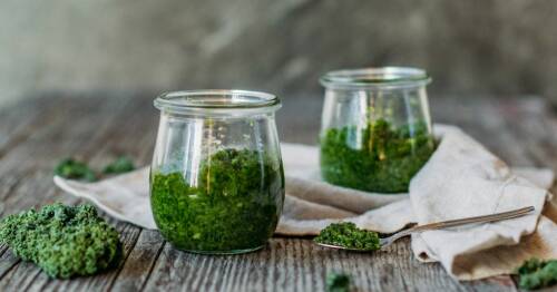 Kleine Weckgläser mit Grünkohlpesto gefüllt vor hellgraumen Hintergrund von vorne fotografiert.