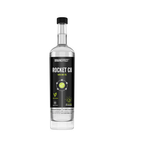 Caprylsäure liefert dem Gehirn über den Vorgang der Ketose Energie. Das Öl Rocket C8 von BRAINEFFECT enthält 100 % Caprylsäure.