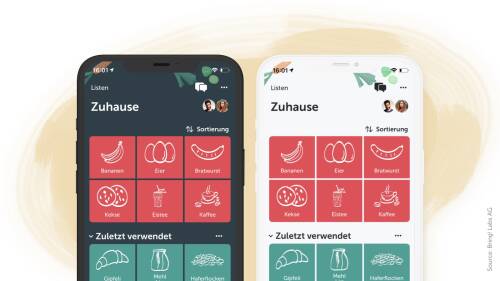 Zwei Screenshots aus der Bring! App, die hellen und dunklen Modus nebeneinanderstellen