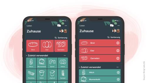 Zwei Screenshots der Bring App nebeneinander, mit den verschiedenen Listeneinstellungen: Kacheln vs. Liste