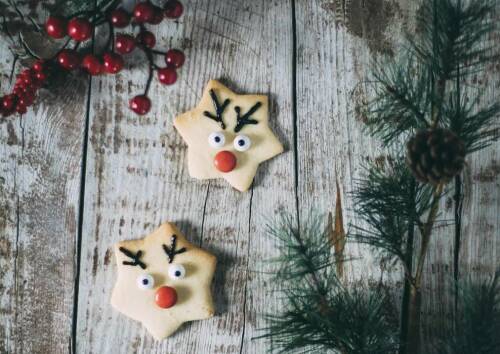 Dekorierte Butterplätzchen-Sterne mit Tannenzweig daneben. Von oben fotografiert.