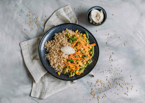 Cremige Gemüsepfanne mit Reis aus dem Corona-Kochplan.