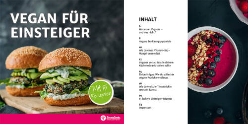 Titelseite und Inhaltsverzeichnis des SevenCooks E-Books "Vegan für Einsteiger".