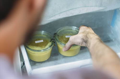 Suppe in Gläsern in Gefriertruhe