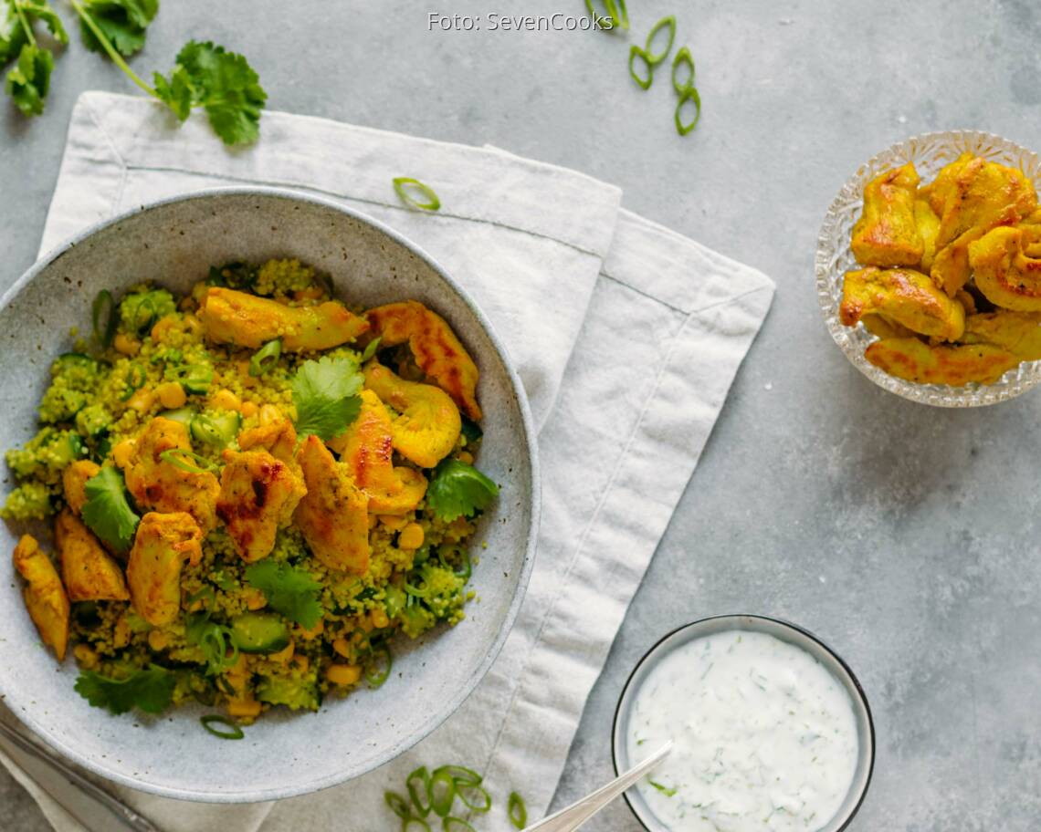 Flexitarisches Rezept: Couscoussalat mit Hähnchenstreifen 1