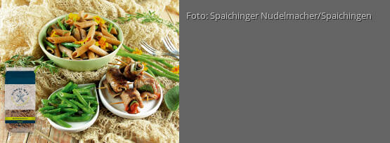 Rezeptbild für "Dinkelvollkorn Penne mit Saltimbocca-Röllchen und Bohnen"