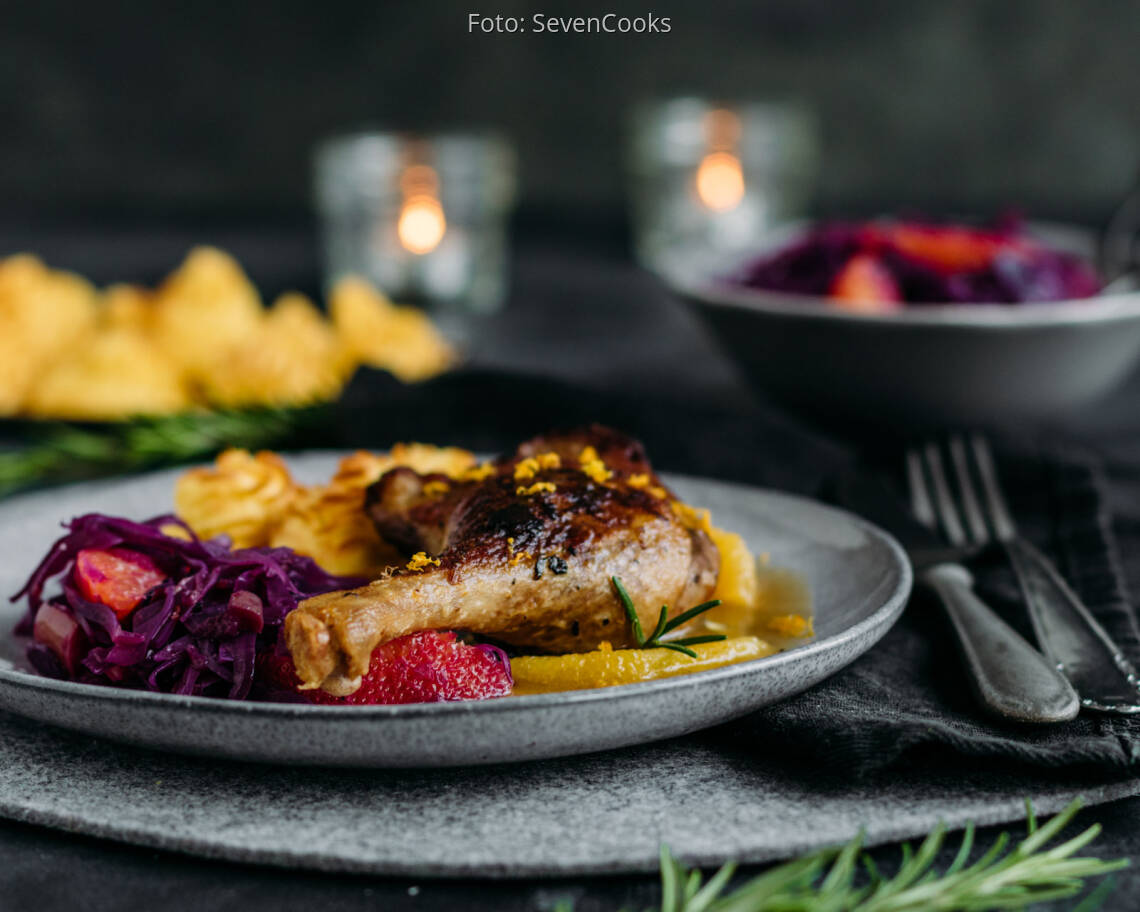 Flexitarisches Rezept: Entenkeulen mit feiner Orangensoße und Herzoginkartoffeln 1