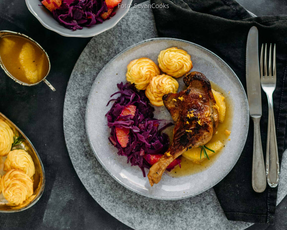 Flexitarisches Rezept: Entenkeulen mit feiner Orangensoße und Herzoginkartoffeln 2