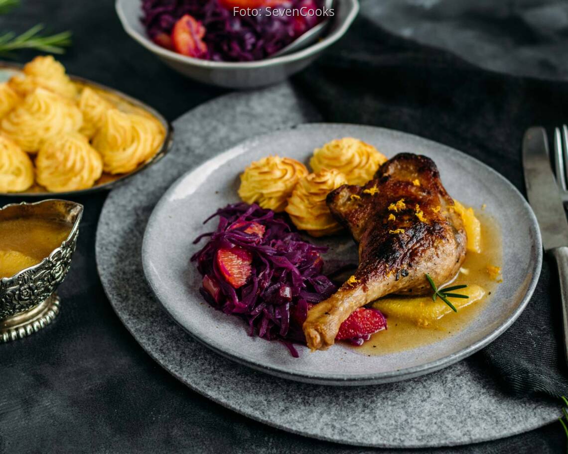 Flexitarisches Rezept: Entenkeulen mit feiner Orangensoße und Herzoginkartoffeln 3