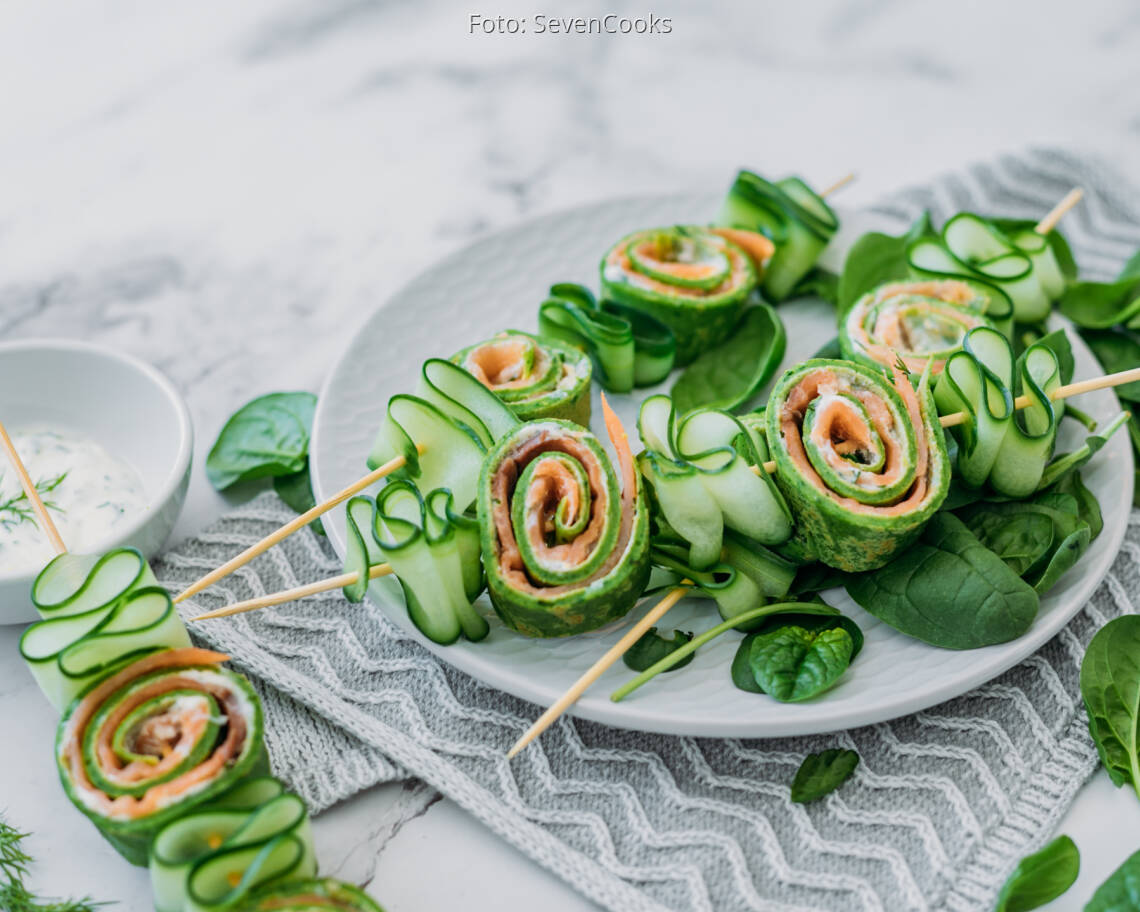 Flexitarisches Rezept: Lachs-Spinat-Pfannkuchen-Spieße 1