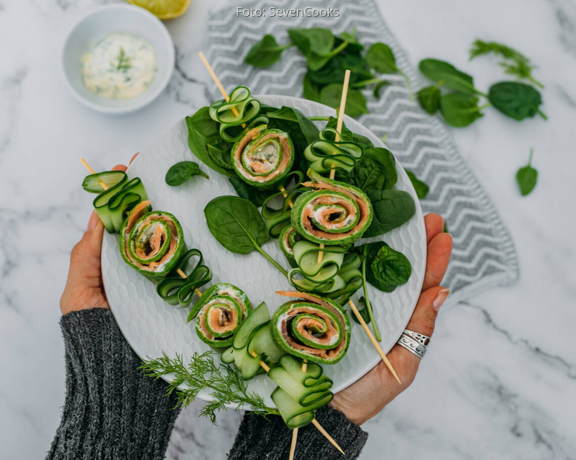 Flexitarisches Rezept: Lachs-Spinat-Pfannkuchen-Spieße 2
