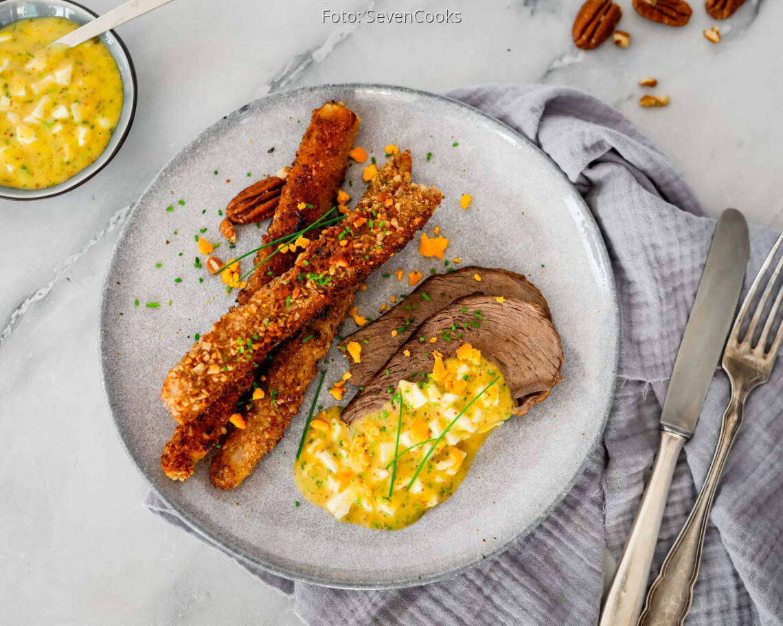 Flexitarisches Rezept: Tafelspitz mit Knusperspargel und Schnittlauchvinaigrette 1