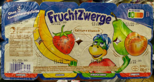 Eine Packung Fruchtzwerge mit Nutri-Score-Kennzeichnung "B" - trotz sehr hohem Zuckergehalt.