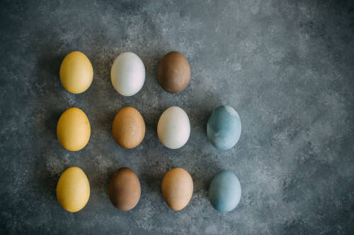 Gelbe, blaue und rötliche Ostereier mit Schale