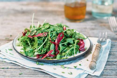 Gemischter Salat auf weißem Teller neben Gabel und Serviette vor hellem Hintergrund.