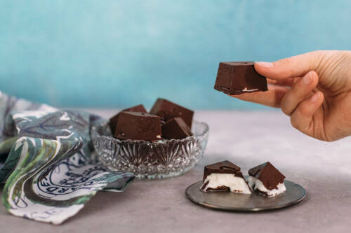 Griechische Joghurt Bites in Schüssel mit Hand vor hellem Hintergrund.