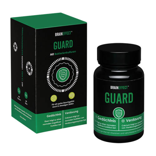 Das Nahrungsergänzungsmittel Guard von BRAINEFFECT enthält lebendige Bakterienkulturen für eine gesunde Darmflora sowie die Vitamine B6, B12, Calcium und Eisen.