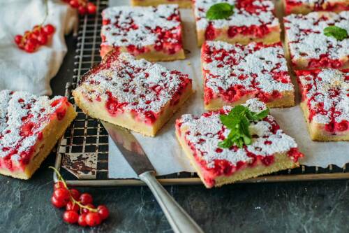 Johannisbeerkuchen auf Blech vor hellem Hintergrund.