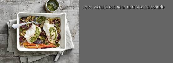 Rezeptbild für "Kabeljau auf Gemüsebett mit Pesto"