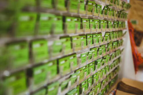 Zu sehen sind die Etiketten für Jürgen Müllers Kartoffelsorten. An die 300 Stück befinden sich in seinem Sortiment.