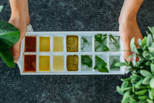 Zutatenreste in Eiswürfelbehälter eingefroren
