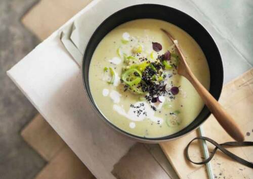 Frische Suppe von oben in dunkler Schale, mit Lauchscheiben angerichtet