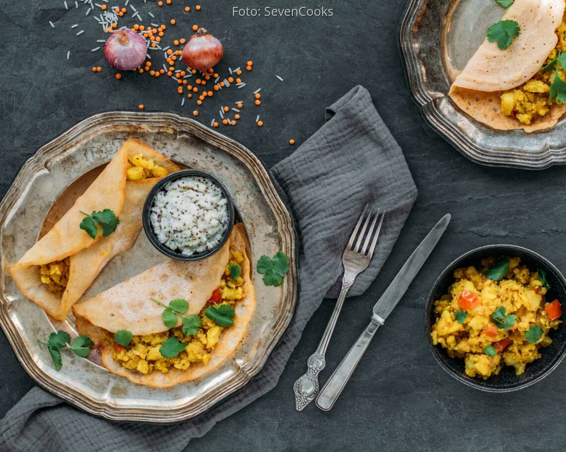 Masala Dosas mit Kartoffel-Füllung und Kokos-Chutney 1