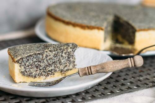 Mohnkuchen auf Teller neben Gabel vor hellem Hintergrund.
