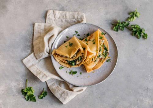 Pfannkuchen mit Spinat-Pilz-Füllung aus dem Corona-Kochplan.