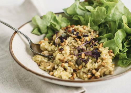 Aromatisches Pilzrisotto mit Salat in einem Teller, von der Seite fotografiert.