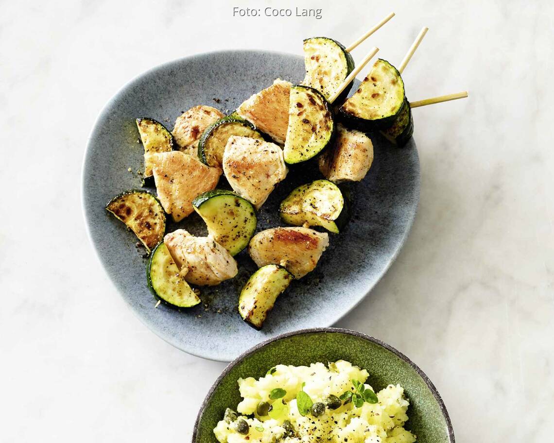 Putenspieße mit Zitronen-Kapern-Püree