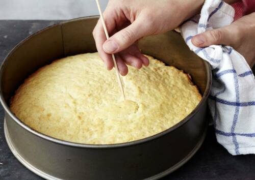 Fertig gebackener Rührteig in einer Springform. Zu sehen ist der Stäbchen-Test. Von oben fotografiert.