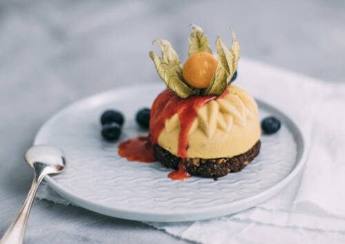 Dessert aus fruchtigem Semifreddo auf einem Brownie auf weißem Teller. Daneben Blaubeeren und darüber eine Erdbeersoße. Der Hintergrund ist hellgrau und es wurde von oben-seitlich fotografiert.