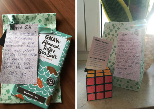 Motivierende Nachrichten, eine Tafel Schokolade, ein Rubic-Cube.