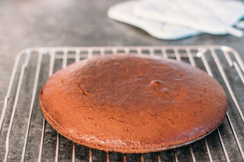 Tortenboden auf Gitter vor dunklem Hintergrund.