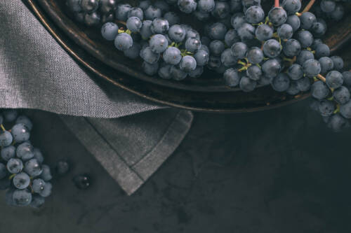 Dunkle Trauben in Schale vor dunklem Hintergrund.