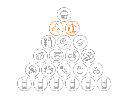 Fettreiche Lebensmittel in der veganen Ernährungspyramide von SevenCooks: 2 Portionen.