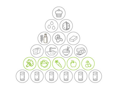 Der Obst- und Gemüseanteil in der veganen Ernährungspyramide von SevenCooks: 5 Portionen.