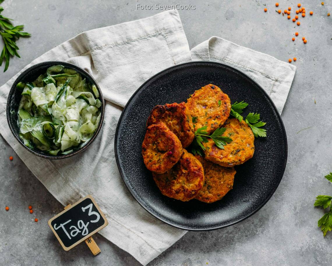 Veganes Rezept: Family Meal-Prep 3: Linsenfrikadellen mit Gurkensalat_1_Schild