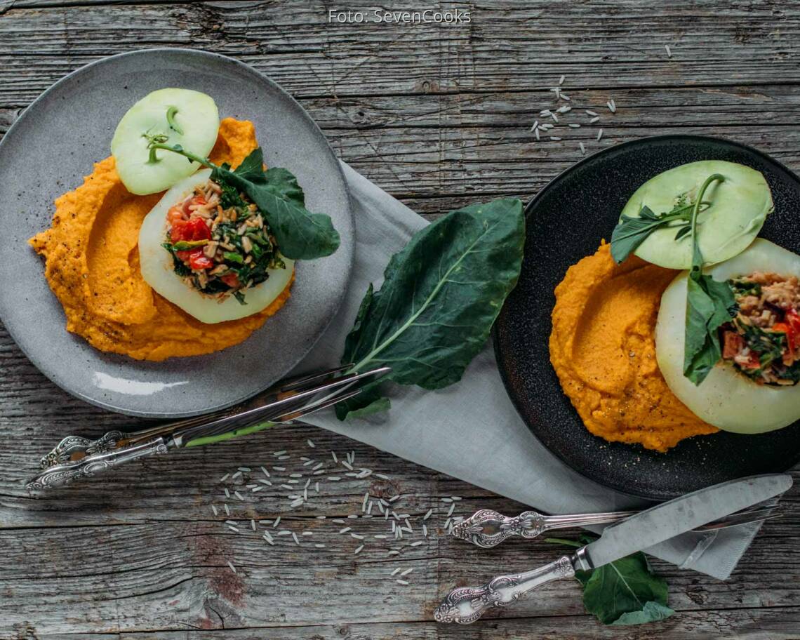 Veganes Rezept: Gefüllter Kohlrabi mit Süßkartoffel-Püree 2