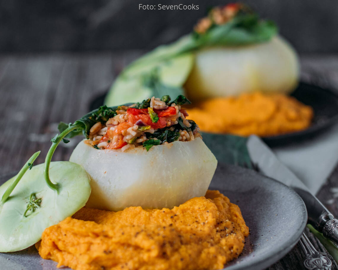 Veganes Rezept: Gefüllter Kohlrabi mit Süßkartoffel-Püree 3