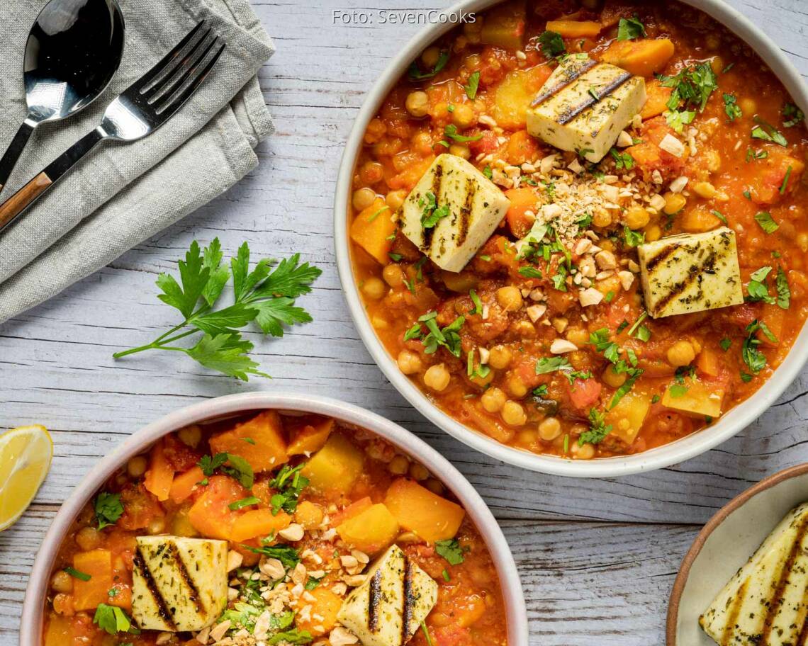 Veganes Rezept: Kichererbsen-Eintopf mit veganem Pfannenkäse 2