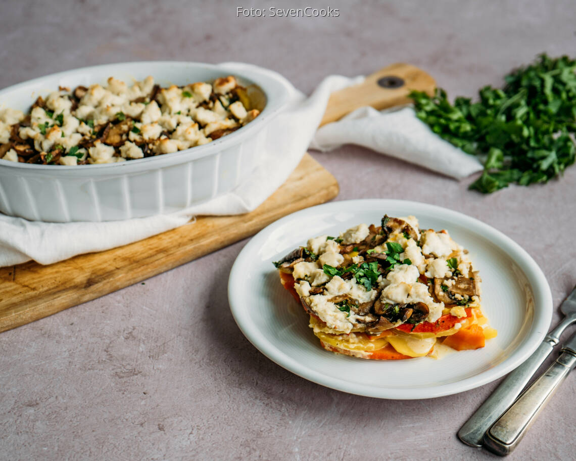 Veganes Rezept: Kürbis-Kartoffel-Auflauf mit Pilzen 2