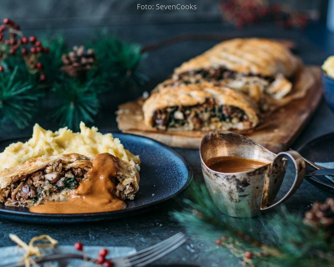 Veganes Rezept: Pilzbraten mit Kartoffelstampf und Soße