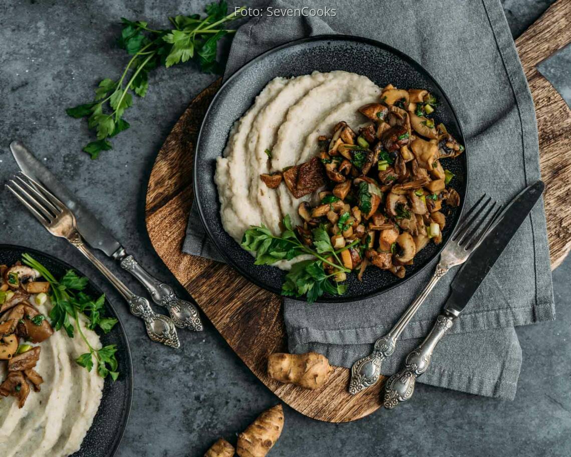 Veganes Rezept: Pilzpfanne mit Topinamburpueree 1