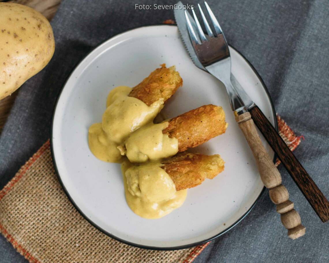 Veganes Rezept: Rösti Sticks mit veganer Käsesoße