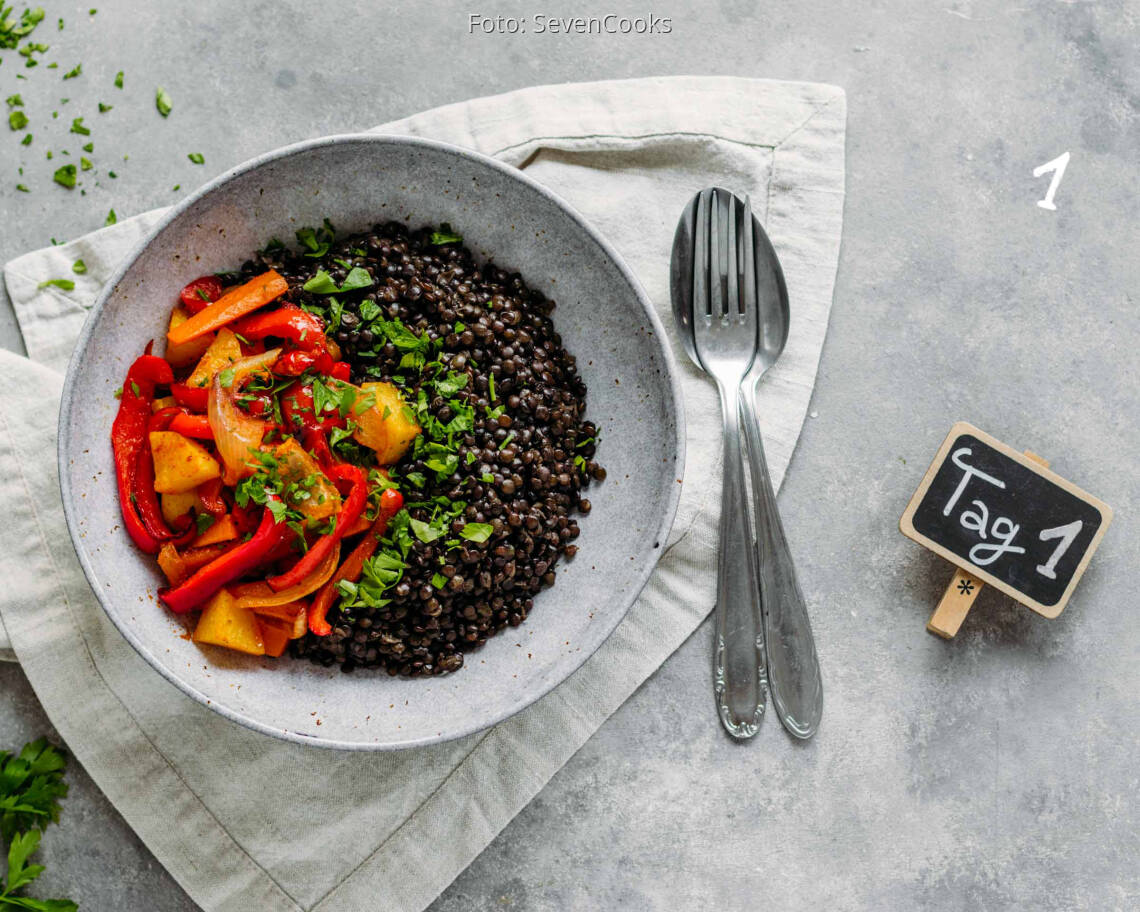 Veganes Rezept: Simple Meal-Prep 1: Belugalinsen mit Ofengemüse_1_Schild