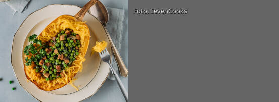 Rezeptbild für "Spaghetti-Kürbis mit veganer Erbsen-Carbonara"