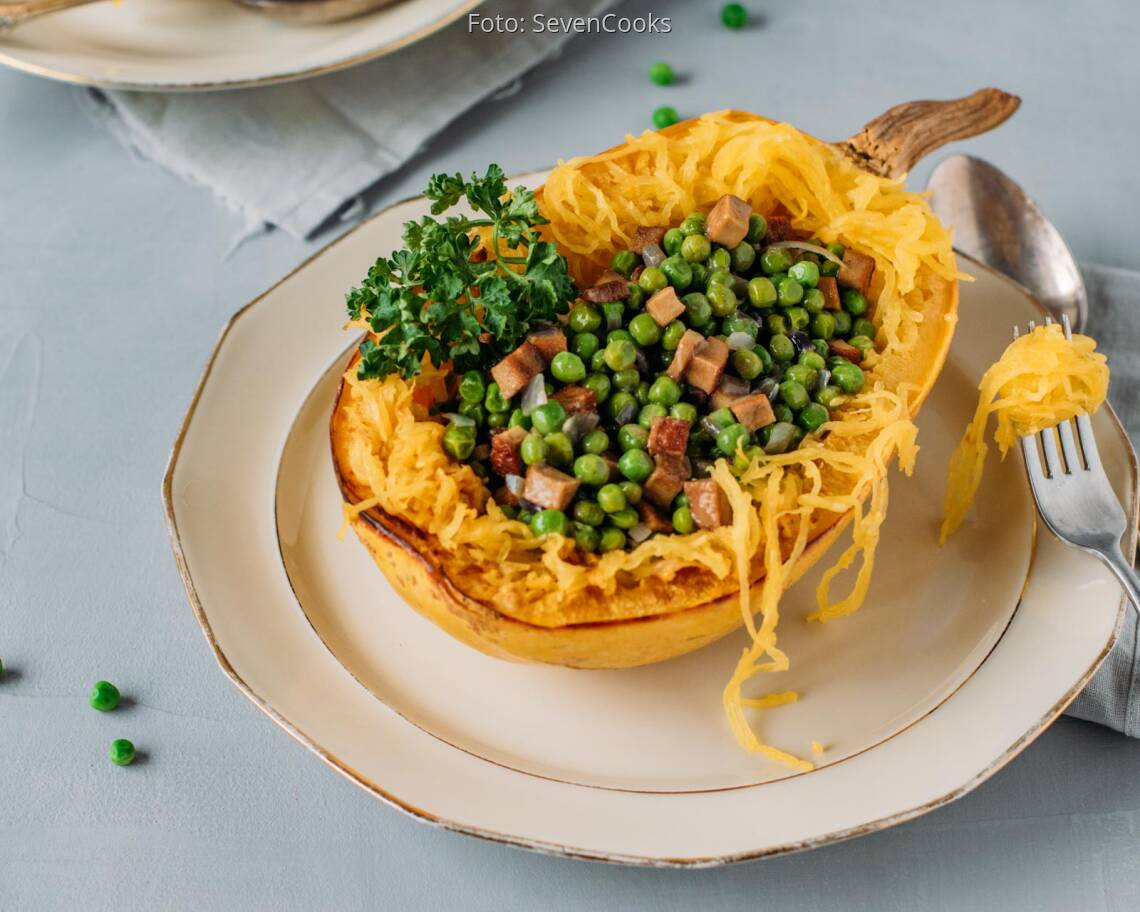 Veganes Rezept: Spaghetti-Kürbis mit veganer Erbsen-Carbonara 2